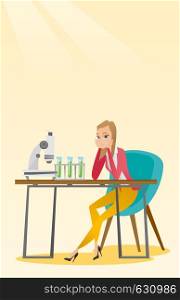 Disappointed caucasian student carrying out experiment in chemistry class. Female student clutching head after failed experiment in chemistry class. Vector flat design illustration. Vertical layout.. Student working at laboratory class.