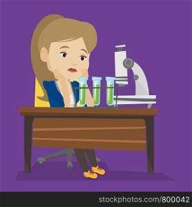 Disappointed caucasian student carrying out experiment in chemistry class. Female student clutching head after failed experiment in chemistry class. Vector flat design illustration. Square layout.. Student working at laboratory class.