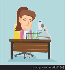 Disappointed caucasian student carrying out experiment in laboratory class. Young female student clutching head after failed experiment in chemistry class. Vector cartoon illustration. Square layout.. Caucasian student working in laboratory class.
