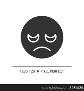 Disappointed emoji pixel perfect black glyph icon. Displeased customer feedback. Negative reaction on product. Silhouette symbol on white space. Solid pictogram. Vector isolated illustration. Disappointed emoji pixel perfect black glyph icon