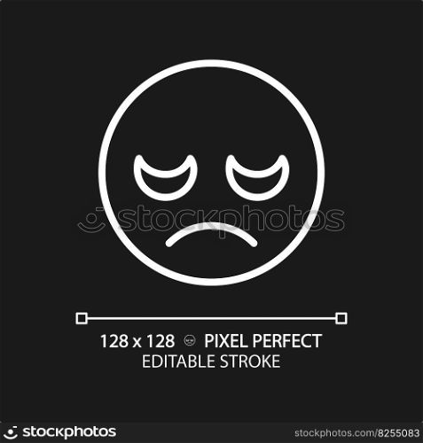 Disappointed emoji pixel perfect white linear icon for dark theme. Displeased customer feedback. Negative reaction on product. Thin line illustration. Isolated symbol for night mode. Editable stroke. Disappointed emoji pixel perfect white linear icon for dark theme