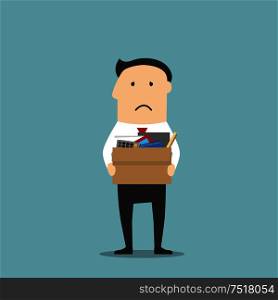 Disappointed jobless cartoon businessman is carrying a cardboard box with personal belongings, leaving office after being fired. Use as unemployment, financial crisis and depression theme design. Fired businessman leaving office with box