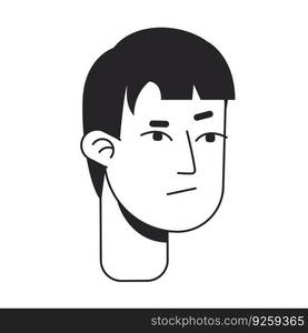 Disappointed male monochrome flat linear character head. Grumpy displeased asian man. Editable outline hand drawn human face icon. 2D cartoon spot vector avatar illustration for animation. Disappointed male monochrome flat linear character head