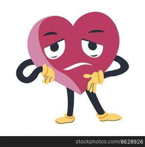 Disappointed or exhausted personage, isolated heart character with tired facial expression standing in pose. Surprised or upset emotion of love. Sticker or emoji, emoticon. Vector in flat style. Exhausted or disappointed heart character vector