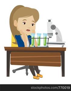 Disappointed student carrying out experiment in chemistry class. Female student clutching head after failed experiment in chemistry class. Vector flat design illustration isolated on white background.. Student working at laboratory class.