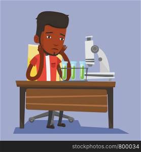 Disappointed student carrying out experiment in chemistry class. An african-american student clutching head after failed experiment in chemistry class. Vector flat design illustration. Square layout.. Student working at laboratory class.