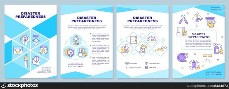 Disaster and accident preparedness cyan brochure template. Leaflet design with linear icons. Editable 4 vector layouts for presentation, annual reports. Arial-Black, Myriad Pro-Regular fonts used. Disaster and accident preparedness cyan brochure template