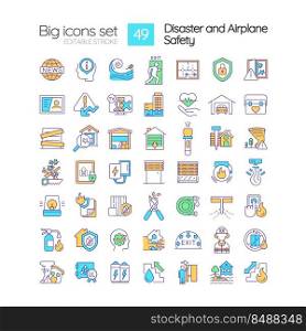 Disaster and airplane safety RGB color icons set. House protection. Safety measures. Isolated vector illustrations. Simple filled line drawings collection. Editable stroke. Quicksand-Light font used. Disaster and airplane safety RGB color icons set