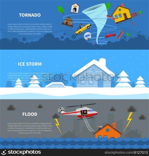 Disaster Concept 3 Flat Banners Set. Natural disaster 3 flat horizontal banners set with freezing rain ice storm and tornado abstract isolated vector illustration