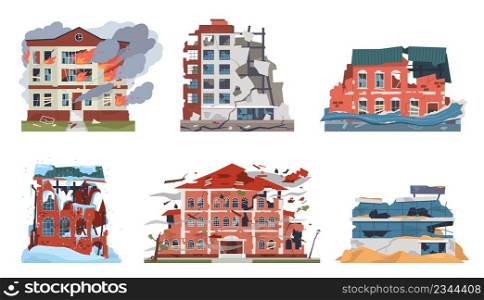 Disaster damages buildings. Different natural catastrophes, broken city destructive houses facades, earthquake, flood and frost, fire or war, broken postapocalypse architecture vector cartoon flat set. Disaster damages buildings. Different natural catastrophes, broken city destructive houses facades, earthquake, flood and frost, fire or war, broken postapocalypse architecture vector set