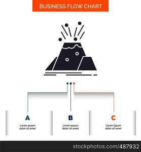 disaster, eruption, volcano, alert, safety Business Flow Chart Design with 3 Steps. Glyph Icon For Presentation Background Template Place for text.. Vector EPS10 Abstract Template background