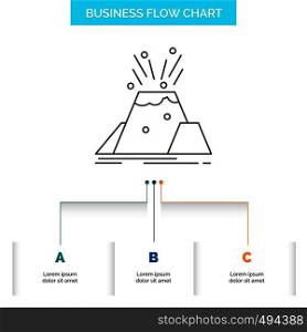 disaster, eruption, volcano, alert, safety Business Flow Chart Design with 3 Steps. Line Icon For Presentation Background Template Place for text. Vector EPS10 Abstract Template background