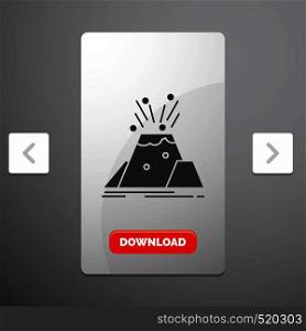 disaster, eruption, volcano, alert, safety Glyph Icon in Carousal Pagination Slider Design & Red Download Button. Vector EPS10 Abstract Template background