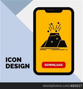disaster, eruption, volcano, alert, safety Glyph Icon in Mobile for Download Page. Yellow Background. Vector EPS10 Abstract Template background