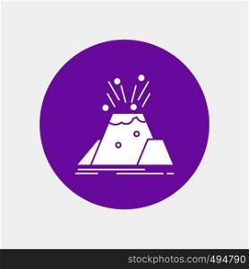 disaster, eruption, volcano, alert, safety White Glyph Icon in Circle. Vector Button illustration. Vector EPS10 Abstract Template background