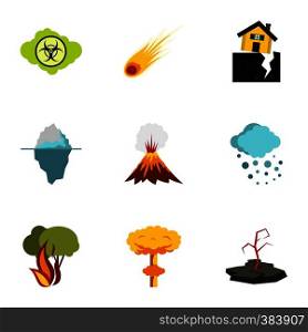 Disaster icons set. Flat illustration of 9 disaster vector icons for web. Disaster icons set, flat style