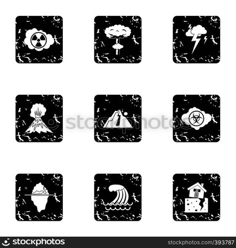 Disaster icons set. Grunge illustration of 9 disaster vector icons for web. Disaster icons set, grunge style