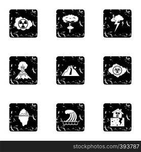 Disaster icons set. Grunge illustration of 9 disaster vector icons for web. Disaster icons set, grunge style