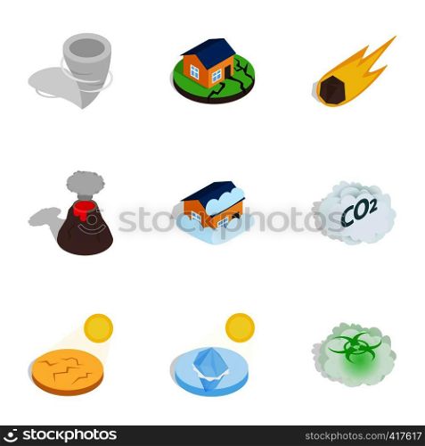 Disaster icons set. Isometric 3d illustration of 9 disaster vector icons for web. Disaster icons, isometric 3d style