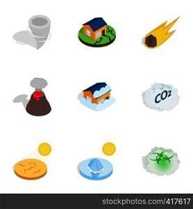 Disaster icons set. Isometric 3d illustration of 9 disaster vector icons for web. Disaster icons, isometric 3d style