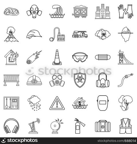 Disaster icons set. Outline style of 36 disaster vector icons for web isolated on white background. Disaster icons set, outline style