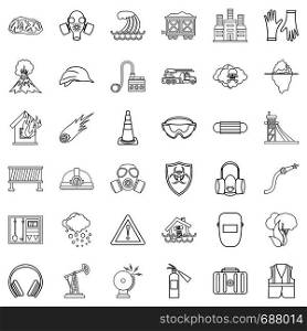 Disaster icons set. Outline style of 36 disaster vector icons for web isolated on white background. Disaster icons set, outline style
