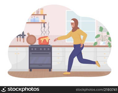 Disaster in kitchen 2D vector isolated illustration. Worried woman running to burning soup on stove flat characters on cartoon background. Everyday situation and daily life colourful scene. Disaster in kitchen 2D vector isolated illustration