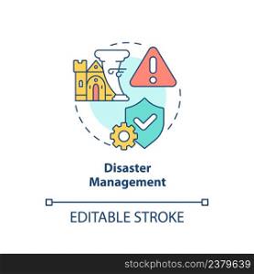 Disaster management concept icon. Heritage protection. Developmental activity abstract idea thin line illustration. Isolated outline drawing. Editable stroke. Arial, Myriad Pro-Bold fonts used. Disaster management concept icon