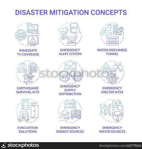 Disaster mitigation blue gradient concept icons set. Emergency situation solutions idea thin line color illustrations. Isolated outline drawings. Roboto-Medium, Myriad Pro-Bold fonts used. Disaster mitigation blue gradient concept icons set