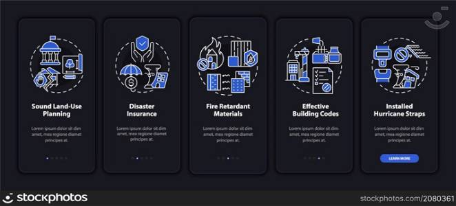 Disaster mitigation involves night mode onboarding mobile app screen. Risk walkthrough 5 step graphic instructions pages with linear concepts. UI, UX, GUI template. Myriad Pro-Bold, Regular fonts used. Disaster mitigation involves night mode onboarding mobile app screen