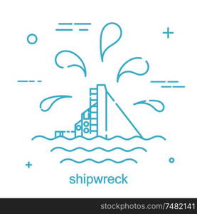 Disaster Nautical ship in a linear style. Line icon. Isolated on white background. Vector illustration.