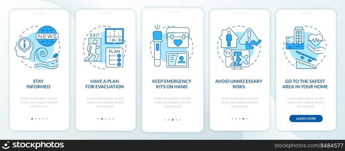 Disaster preparedness blue onboarding mobile app screen. Walkthrough 5 steps editable graphic instructions with linear concepts. UI, UX, GUI template. Myriad Pro-Bold, Regular fonts used. Disaster preparedness blue onboarding mobile app screen