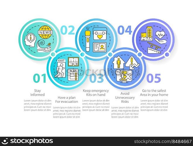 Disaster preparedness circle infographic template. Evacuation plan. Data visualization with 5 steps. Editable timeline info chart. Workflow layout with line icons. Myriad Pro-Bold, Regular font used. Disaster preparedness circle infographic template