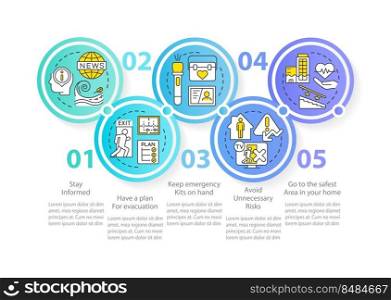 Disaster preparedness circle infographic template. Evacuation plan. Data visualization with 5 steps. Editable timeline info chart. Workflow layout with line icons. Myriad Pro-Bold, Regular font used. Disaster preparedness circle infographic template