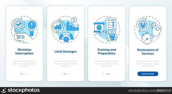 Disaster recovery plan benefits blue onboarding mobile app screen. Walkthrough 4 steps editable graphic instructions with linear concepts. UI, UX, GUI template. Myriad Pro-Bold, Regular fonts used. Disaster recovery plan benefits blue onboarding mobile app screen