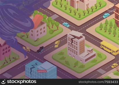 Disaster tornado isometric composition with bird eye view of streets broken cars damaged buildings and funnel vector illustration. Tornado In City Composition