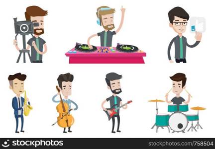 Disc jockey mixing music on turntable. Disc jockey in headphones playing music on turntable. Disc jockey standing at the turntable. Set of vector flat design illustrations isolated on white background. Vector set of media people characters.
