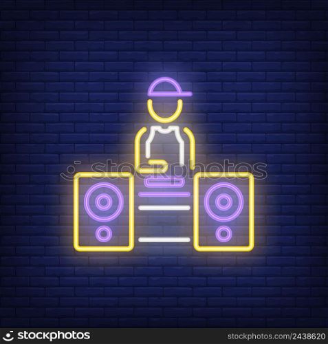 Disc jockey neon sign. Luminous signboard with dj at turntable. Night bright advertisement. Vector illustration in neon style for music, party, nightlife