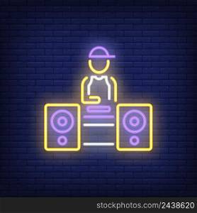 Disc jockey neon sign. Luminous signboard with dj at turntable. Night bright advertisement. Vector illustration in neon style for music, party, nightlife