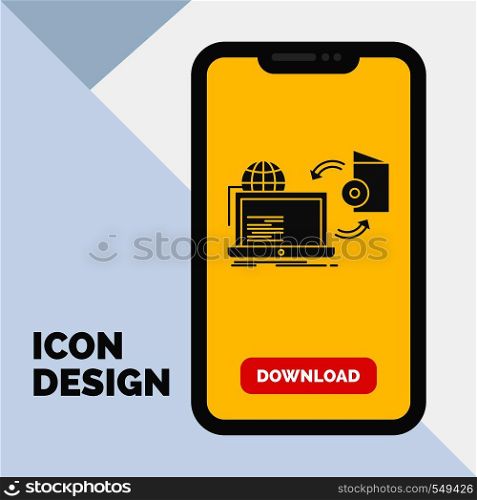 Disc, online, game, publish, publishing Glyph Icon in Mobile for Download Page. Yellow Background. Vector EPS10 Abstract Template background