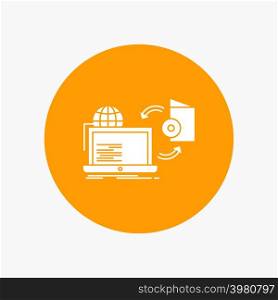 Disc, online, game, publish, publishing White Glyph Icon in Circle. Vector Button illustration