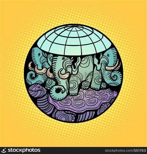 disc planet earth rests on an elephant, and a turtle. Comic cartoon pop art retro vector illustration hand drawing. disc planet earth rests on an elephant, and a turtle