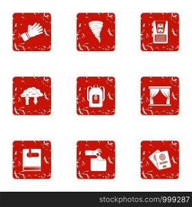 Discharge icons set. Grunge set of 9 discharge vector icons for web isolated on white background. Discharge icons set, grunge style