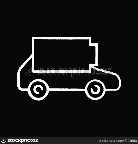 Discharged electric car chalk icon. Eco automobile low battery. Empty auto battery level indicator. Isolated vector chalkboard illustrations. Discharged electric car chalk icon