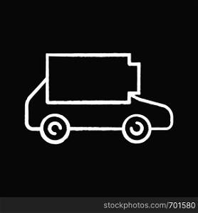 Discharged electric car chalk icon. Eco automobile low battery. Empty auto battery level indicator. Isolated vector chalkboard illustrations. Discharged electric car chalk icon