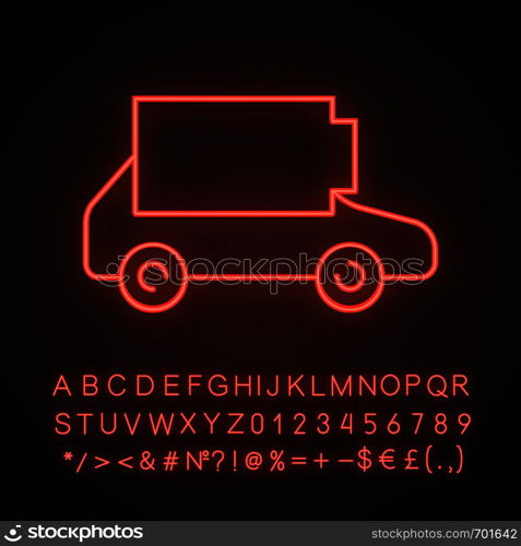 Discharged electric car neon light icon. Eco automobile low battery. Empty auto battery level indicator. Glowing sign with alphabet, numbers and symbols. Vector isolated illustration. Discharged electric car neon light icon