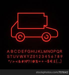 Discharged electric car neon light icon. Eco automobile low battery. Empty auto battery level indicator. Glowing sign with alphabet, numbers and symbols. Vector isolated illustration. Discharged electric car neon light icon