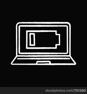 Discharged laptop chalk icon. Computer low battery. Notebook battery level indicator. Isolated vector chalkboard illustrations. Discharged laptop chalk icon