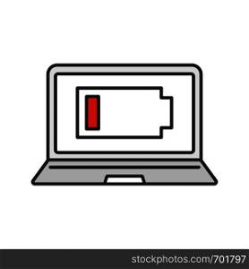 Discharged laptop color icon. Computer low battery. Notebook battery level indicator. Isolated vector illustration. Discharged laptop color icon