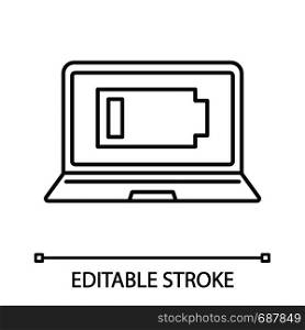 Discharged laptop linear icon. Computer low battery. Thin line illustration. Notebook battery level indicator. Contour symbol. Vector isolated outline drawing. Editable stroke. Discharged laptop linear icon